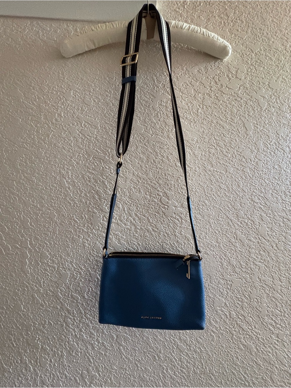 Marc Jacobs Blue Crossbody Leather Bag with Striped Adjustable Strap